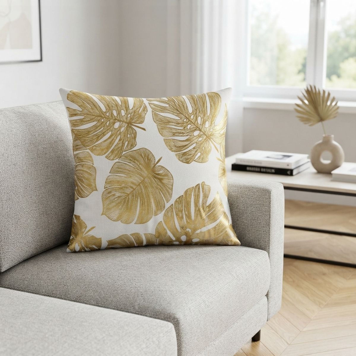ARMONIA - Funda Decorativa para Cojín Hojas Tropicales Doradas Modelo 437