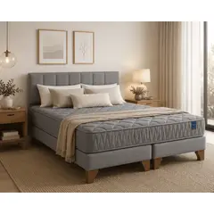 5 SUEÑO - Cama Europea Somnia 2 Plazas + Respaldo Tubular Madera Lino