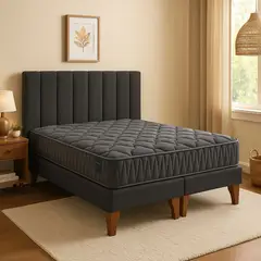 5 SUEÑO - Cama Europea Somnia 2 Plazas + Respaldo Tubular Madera Lino
