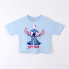 DISNEY - Polera Manga Corta Niña Stitch Corazones Celeste