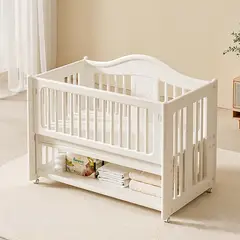 KIDSCOOL - Cuna Colecho Infantil Multifuncional Con Ruedas Repisa e Organizadores Blanco Marfil 130 x 78 x 106