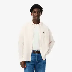 LACOSTE - Camisa Hombre De Lino Rayada De Corte Regular Blanco