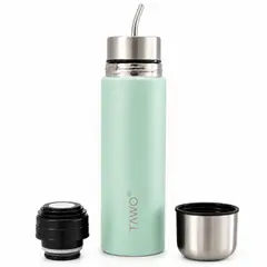 TAWO - Termo Mate Acero Inoxidable Autocebante 2 en 1 750 Ml Hermetico Antiderrame - Verde Claro