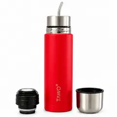 TAWO - Termo Mate Acero Inoxidable Autocebante 2 en 1 750 Ml Hermetico Antiderrame - Rojo