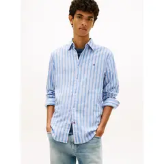TOMMY HILFIGER - Camisa De Rayas De Lino Regular Fit Celeste Tommy Jeans