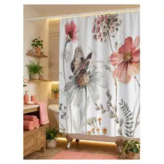 ALMA & DECO - Cortina Baño Impermeable Mariposa y Flores más 12 Ganchos