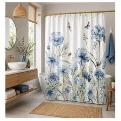 ALMA & DECO - Cortina Baño Impermeable Mariposa y Flores Azules más 12 Ganchos