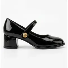 GENERICO - Zapatos Mary Jane Negro Charol Correa Hebilla Dorada Tacones Bajo Tacón