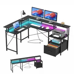 WUWAWDOGA - Escritorio Gamer Profesional Con Enchufe Estantes Y Rgb Luz 242x87x47cm BLANCO NEGEO