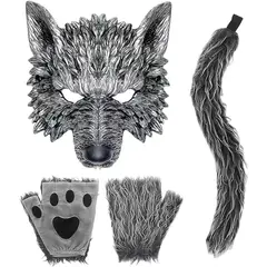 KUANGYE - Máscara de Lobo Disfraz Halloween Cosplay Set con Diadema y Guantes Accesorio para Fiestas Temáticas