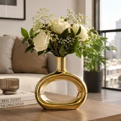 GENERICO - Florero Decorativo Dorado Moderno Cerámica 21 Cm Elegante