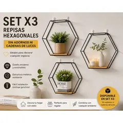 GENERICO - Set 3 Repisas Murales Hexagonales Metálicas Decorativas Negras