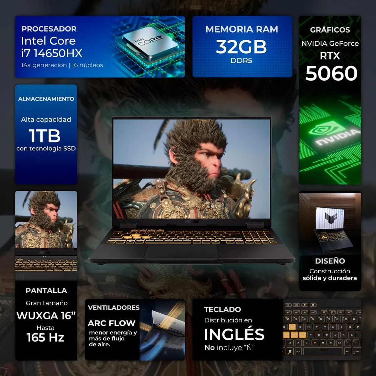 ASUS - Notebook Gamer ASUS TUF Gaming F16 16" FHD+ 165Hz Intel Core i7-14650HX 32GB RAM 1TB RTX 5060