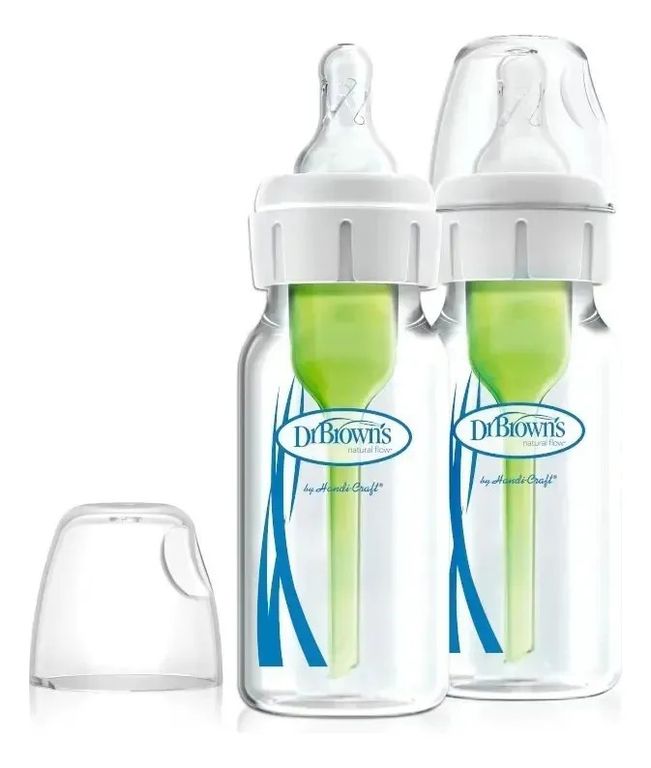 Dos biberones Dr. Brown's de vidrio con tetina y válvula interna verde
