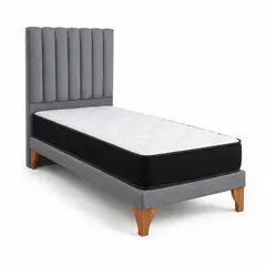 GENERICO - Cama Europea 1 Plaza Gris medio lino con Colchón y Respaldo Tapizado lineal 90x190 cm