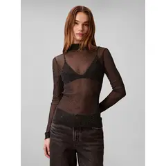 CALVIN KLEIN - Blusa Transparente Lurex con Cuello Alto Negro