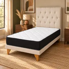 GENERICO - Cama Europea 1 Plaza con Colchón y Respaldo Capitoné en Lino Beige 90 x 190 cm