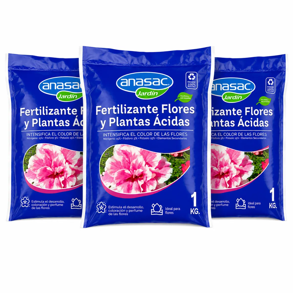 ANASAC - Fertilizante Estimulante Flores  y  Plantas Acidas  Granulado 1 Kg Jardín pack 3 Unidades