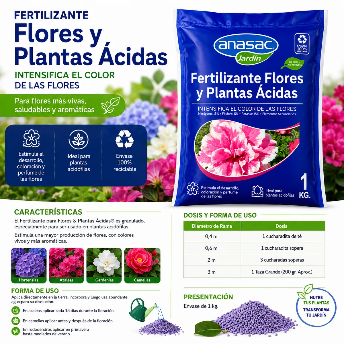 ANASAC - Fertilizante Estimulante Flores  y  Plantas Acidas  Granulado 1 Kg Jardín pack 3 Unidades