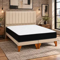GENERICO - Cama Europea King con Colchón y Respaldo Lineal en Lino Beige 180 x 200 cm