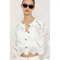 LIOLA - Cardigan punto, macrame fantasia, crudo
