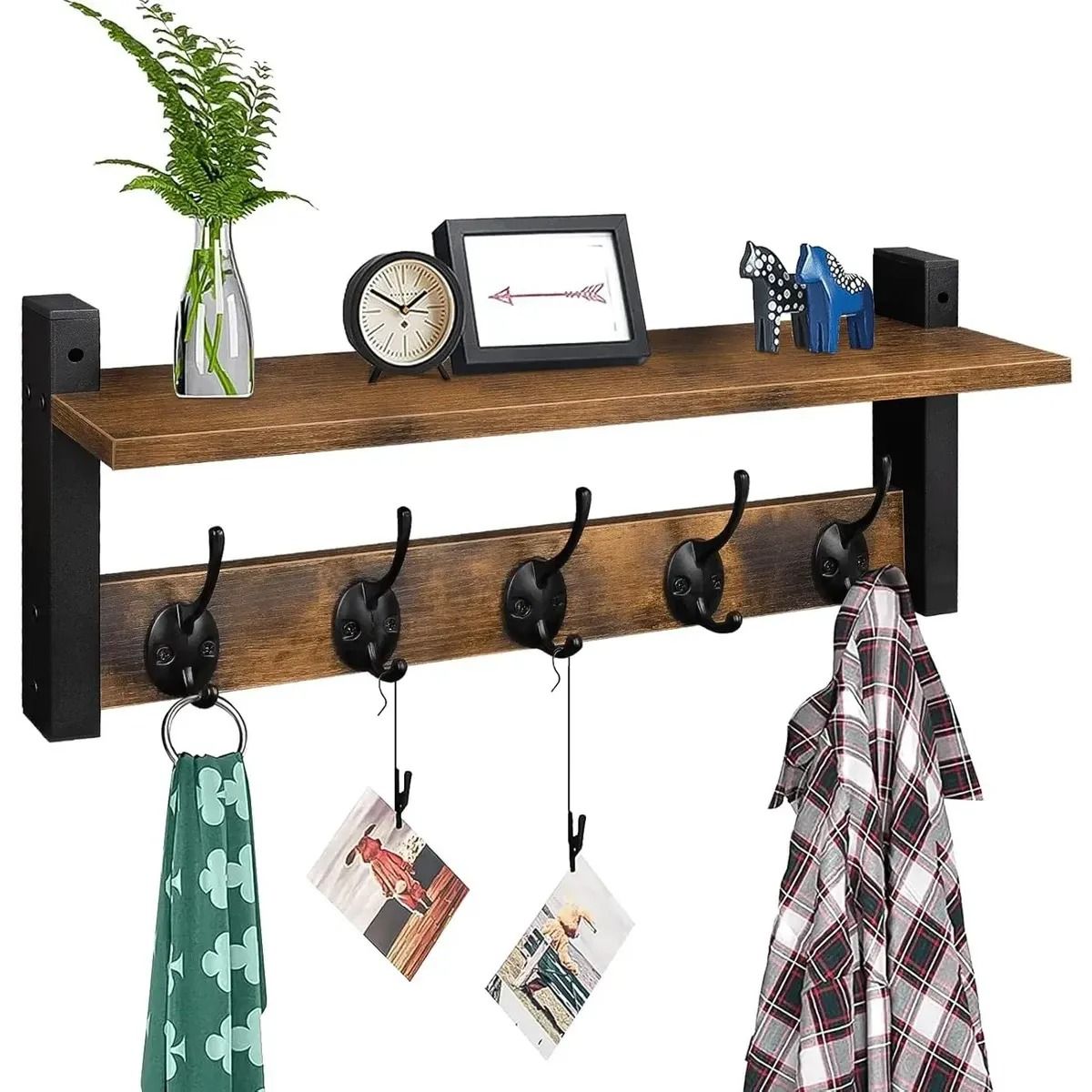 Perchero De Pared De Madera Con Estante Y 5 Ganchos, marca EVERSO - Foto Principal