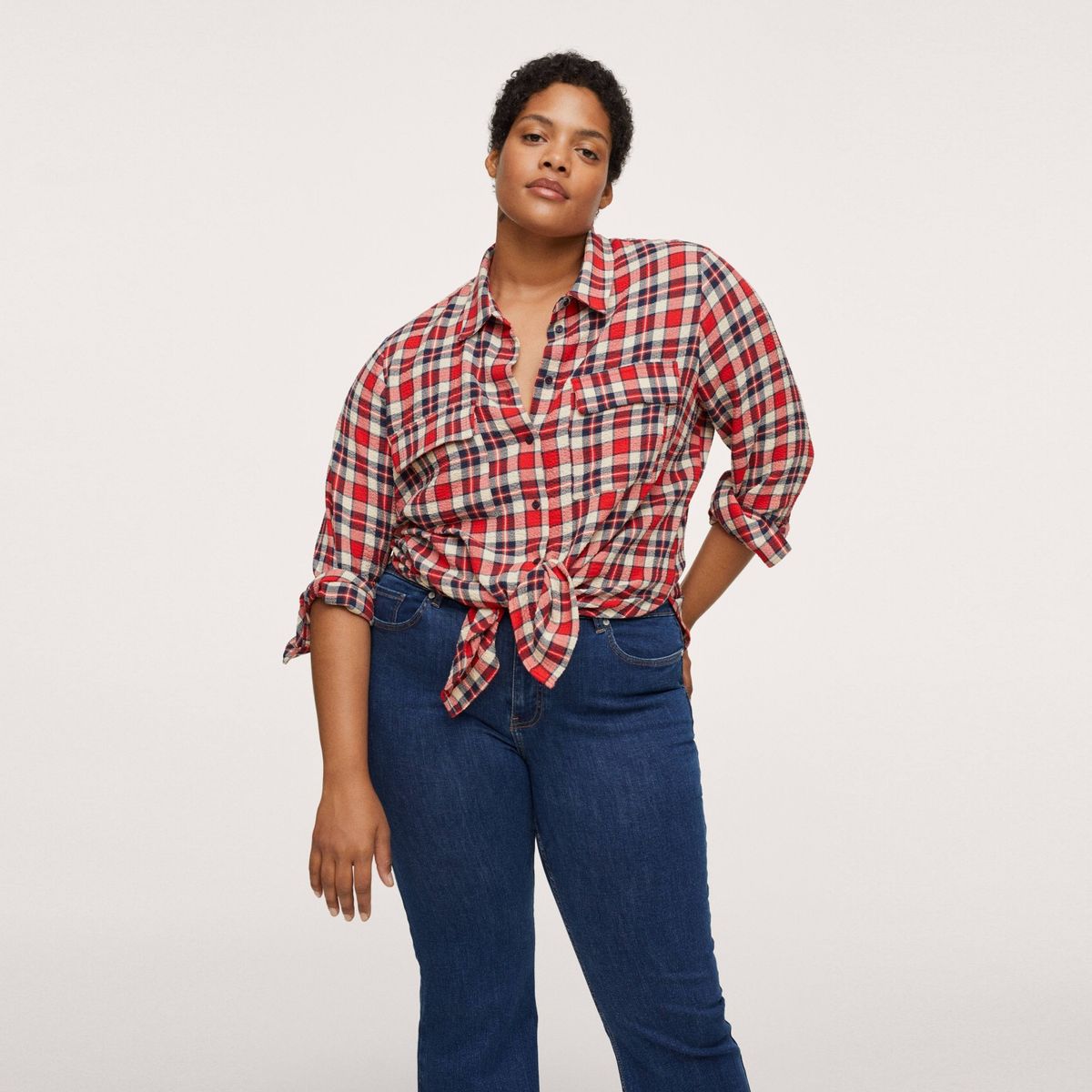 MANGO - Blusa Cuadros Bolsillos Rojo Mujer