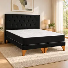 GENERICO - Cama Europea King con Colchón y Respaldo Capitoné en Felpa Negra 180 x 200 cm