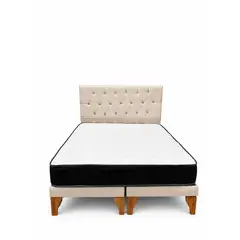 GENERICO - Cama Europea 2 Plazas Base dividida Respaldo Capitone Beige Colchón hibrido