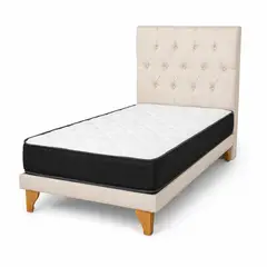 GENERICO - CAMA EUROPEA COMPLETA BALANCE 1 PLAZA LINO BEIGE CON RESPALDO CAPITONE Y COLCHON
