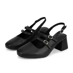 GENERICO - Zapatos Mujer Negro Punta Cuadrada Correas Taco Ancho Talón Abierto Slingback Mary Jane
