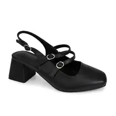 MD - Zapatos Slingback Mujer Negro Punta Cuadrada Correas Taco Ancho Talón Abierto Mary Jane