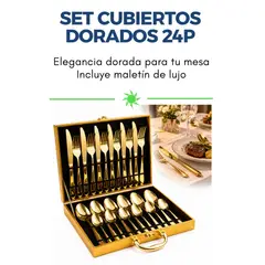 GENERICO - Set Cubiertos Dorados 24 Piezas 6 Personas con Maletín Aporta Elegancia a tu Mesa