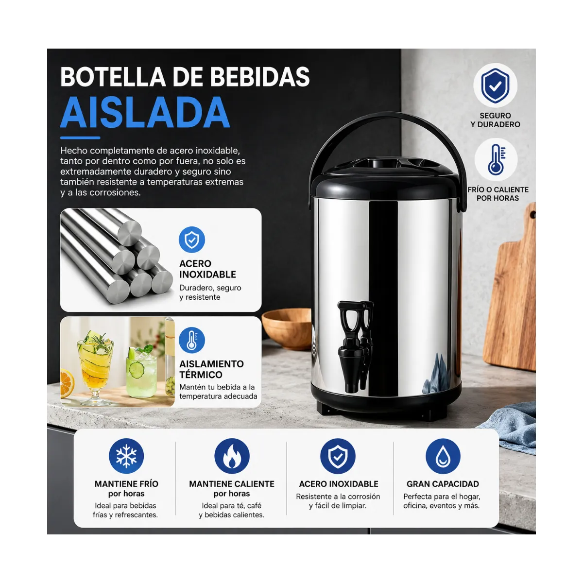 Dispensador Térmico de Bebidas 6L Acero Inoxidable con Grifo, marca EVERSO - Foto 2