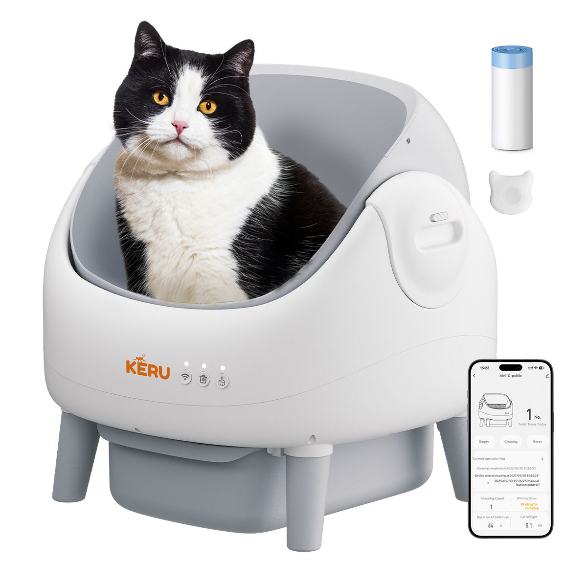 KERU - Arenero Inteligente Automático KERU ABIERTO para Gatos con App WiFi XXL