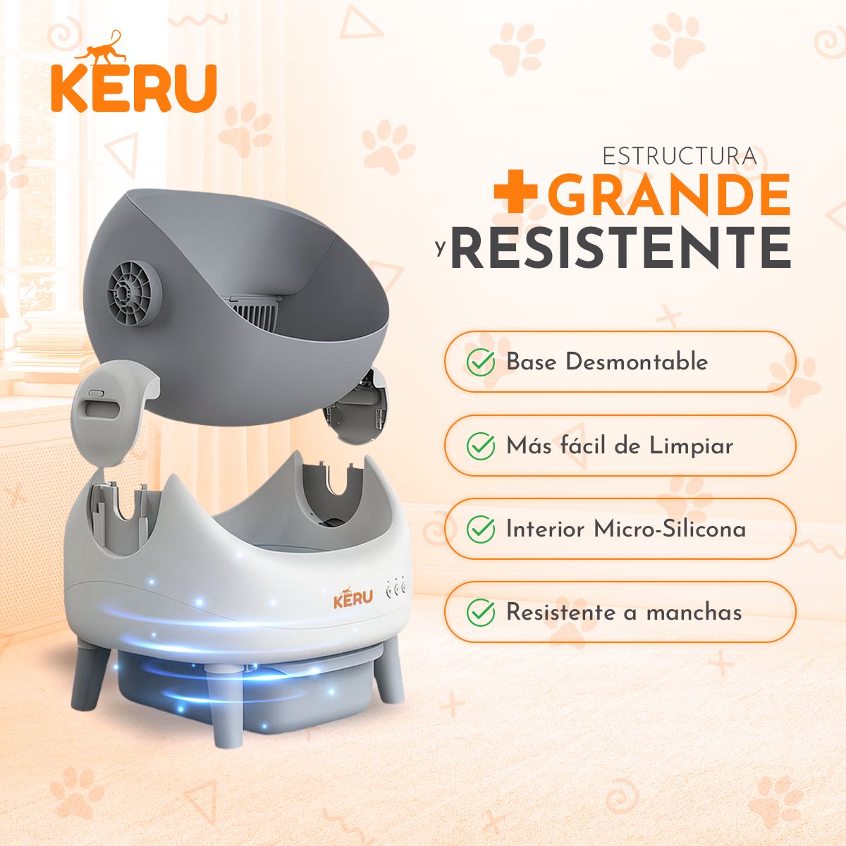 KERU - Arenero Inteligente Automático KERU ABIERTO para Gatos con App WiFi XXL