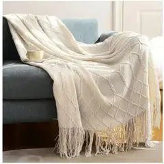 COMPRAPO - Manta para Sofá o Piecera Blanket modelo Rombos y Flecos Color Blanco Inv