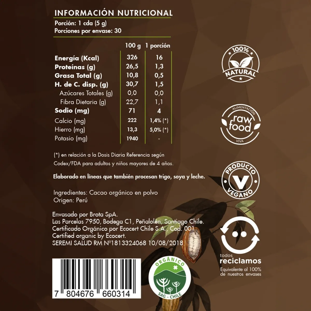 BROTAVIDA - Cacao orgánico en polvo 150 g Brota