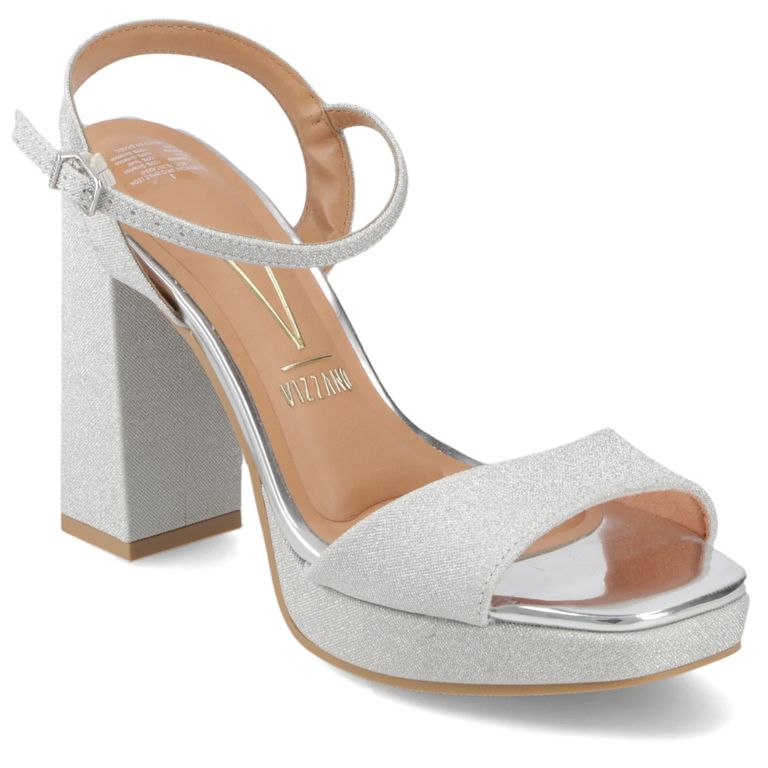 Sandalia Fiesta Taco Ancho Plateado Mujer