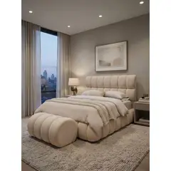 MUEBLES NEW - CAMA NUBE BAÙL Y BANQUETA DOS PLAZAS BEIGE