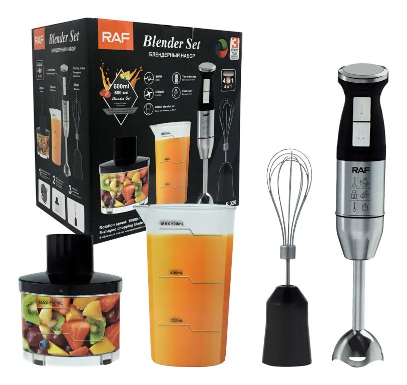 Mixer 4 en 1 Raf Licuadora Batidora Picadora Jarra 600ml 340W Negro