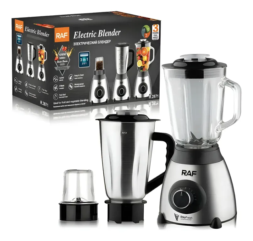 Licuadora Raf 1000w De 6 Cuchillas 3 En 1 Color Plateado