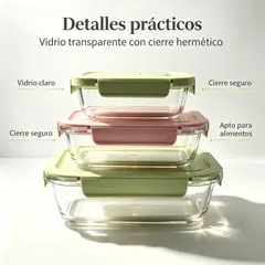 GENERICO - Juego de 3 recipientes rectangulares de vidrio herméticos para conservar alimentos