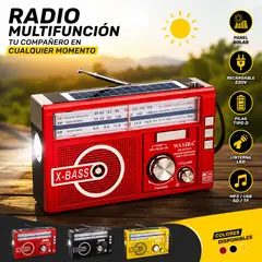 MOVI - Radio Multifunción AM/FM con Linterna LED – Panel Solar, Recargable 220V y Opción de Pilas
