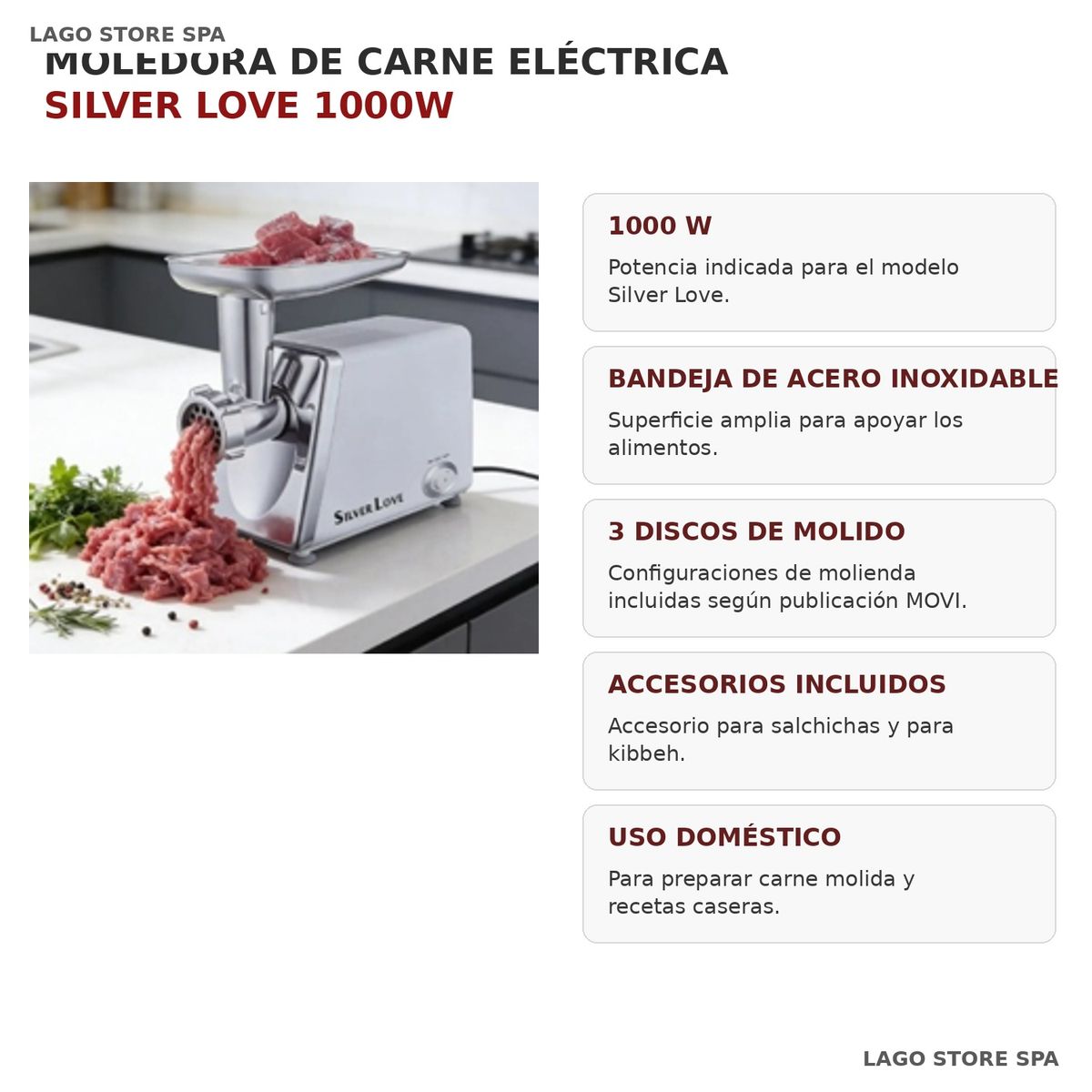 MOVI - Moledora de Carne Eléctrica 1000W Silver Love con Bandeja de Acero Inoxidable – Potente y Práctica