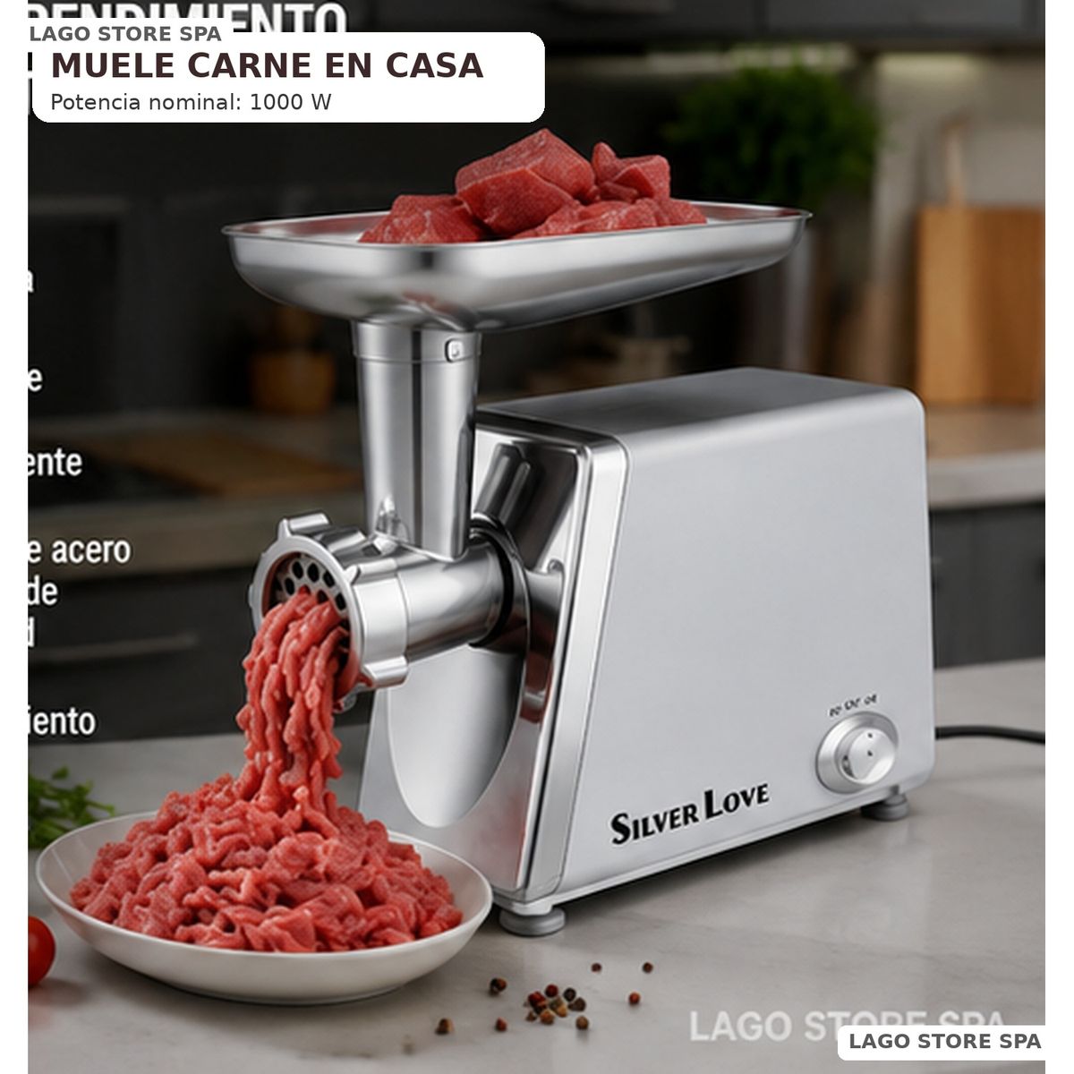 MOVI - Moledora de Carne Eléctrica 1000W Silver Love con Bandeja de Acero Inoxidable – Potente y Práctica