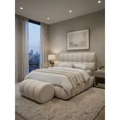 MUEBLES NEW - CAMA NUBE BAÙL Y BANQUETA DOS PLAZAS CRUDO