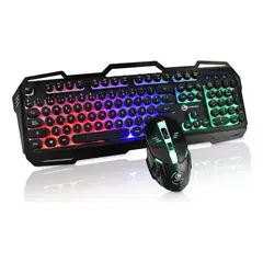 IRM - Teclado Gamer Retro Teclas Redondas Panel Metalico con Mouse 6 Botones RGB Efecto Respiracion