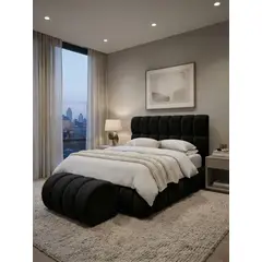MUEBLES NEW - CAMA NUBE BAÙL Y BANQUETA DOS PLAZAS NEGRO