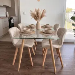 PANDALINO - Comedor Mesa Vitreo 120x80 + 4 Sillón Rubik Velvet Beige